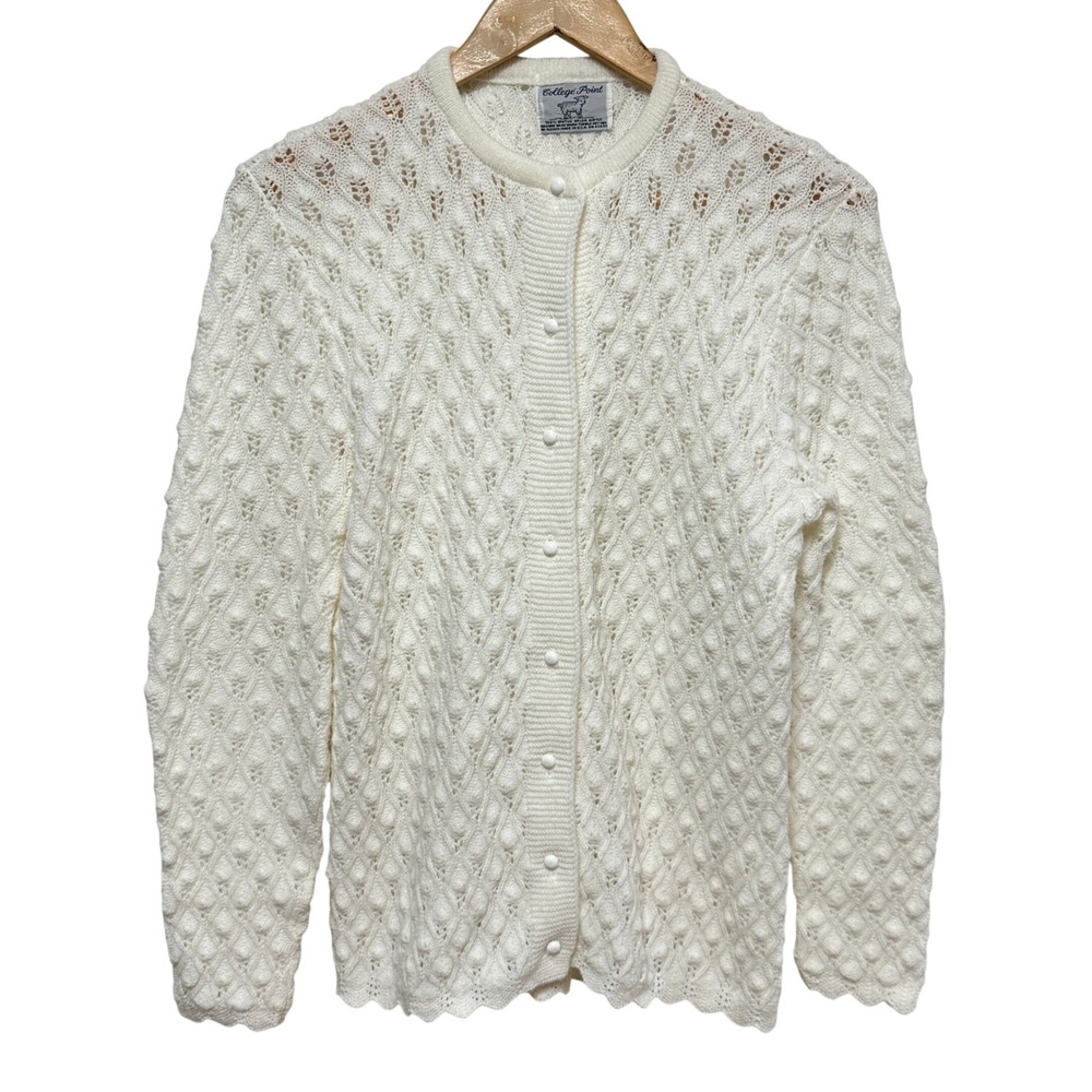 Vintage College Point Cardigan Sweater Womens M White  Pointelle‎ Knit Girly 60s